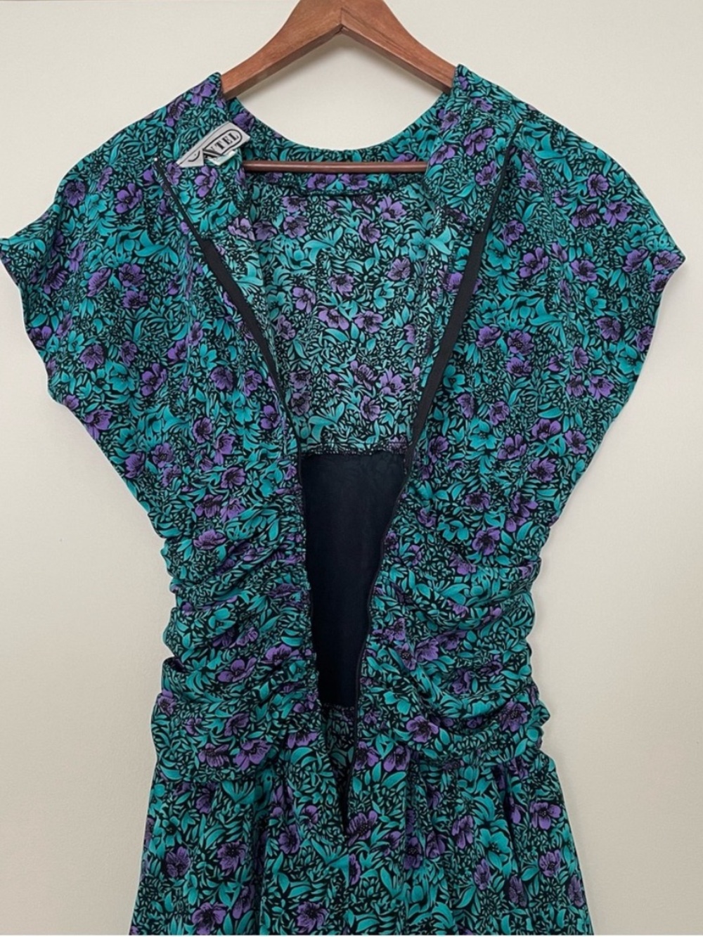 Vintage 80s Union Made Peplum Dress Teal Purple Floral Made in Canada Pantel - Picture 10 of 14
